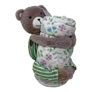 Holiday Home Lovey Teddy Bear Hugging Crib Blanket Set Green Pink Blue NEW
